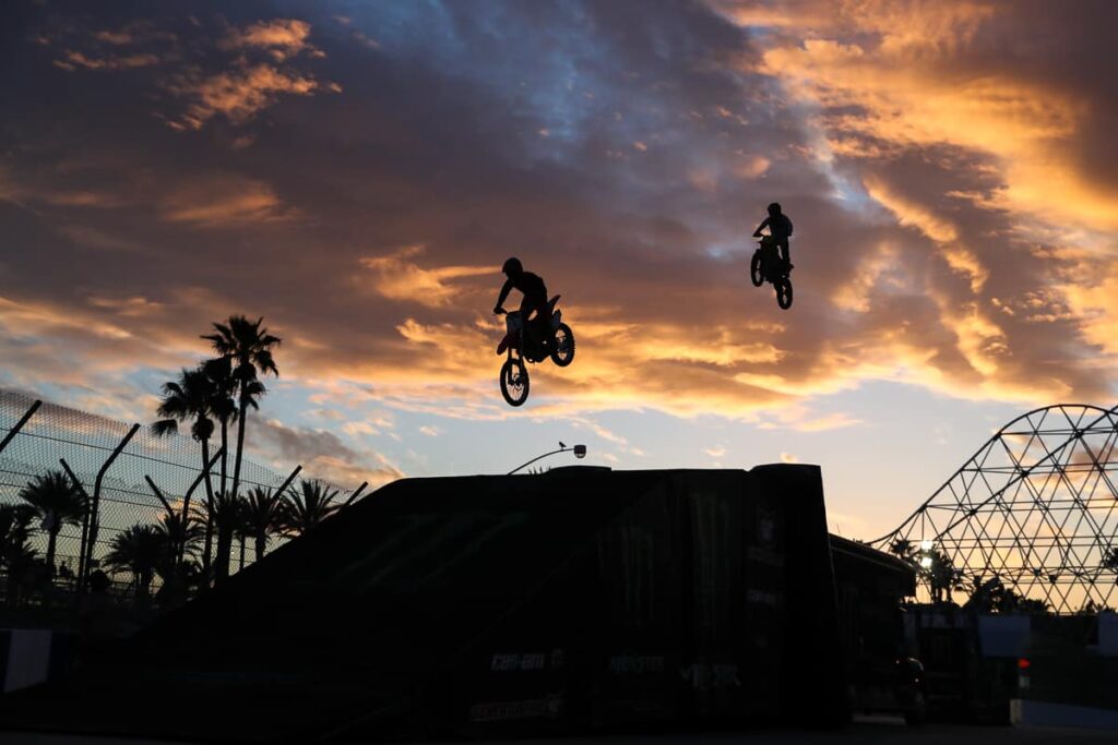 Tony Carbajal's stunt motorcycles competitors during Thunder Thursday at the Pike Outlets in Long Beach on Thursday, April 11, 2019. Photo by Kelly Smiley.