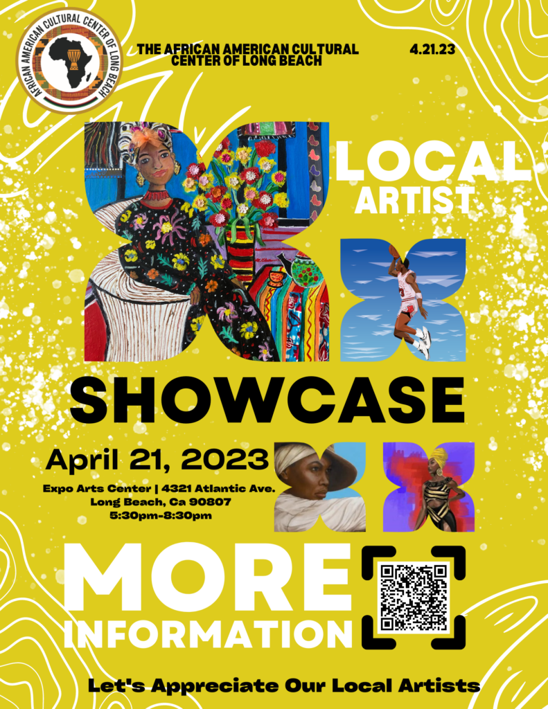 A yellow digital flyer reads "Local Artist Showcase" and shows colorful images of paintings featuring Black figures. 