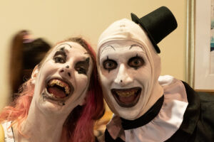 A couple dressed as a pair of mimes. They did not give their names because, well, mimes typically do not speak.
