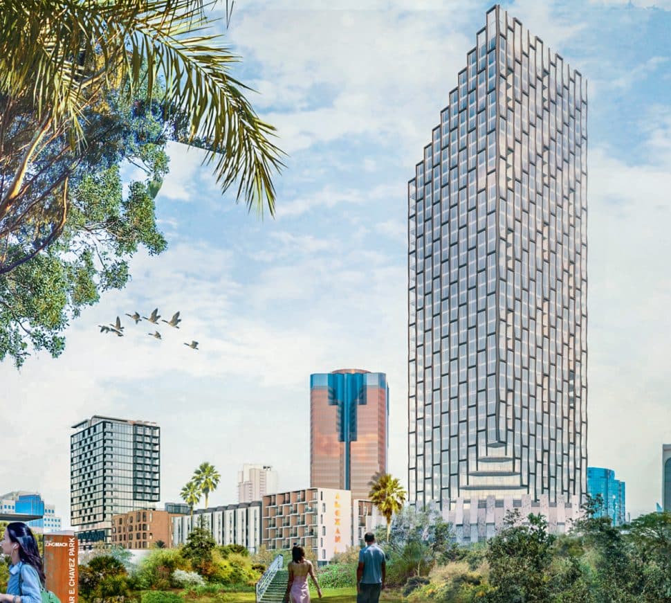 A rendering of a tall, geometric building shoots through the sky.