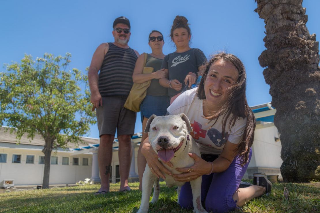 a white pit bull mix poses with smiling woman with long brown hair. Three people stand in the background near trees and an outbilidng.