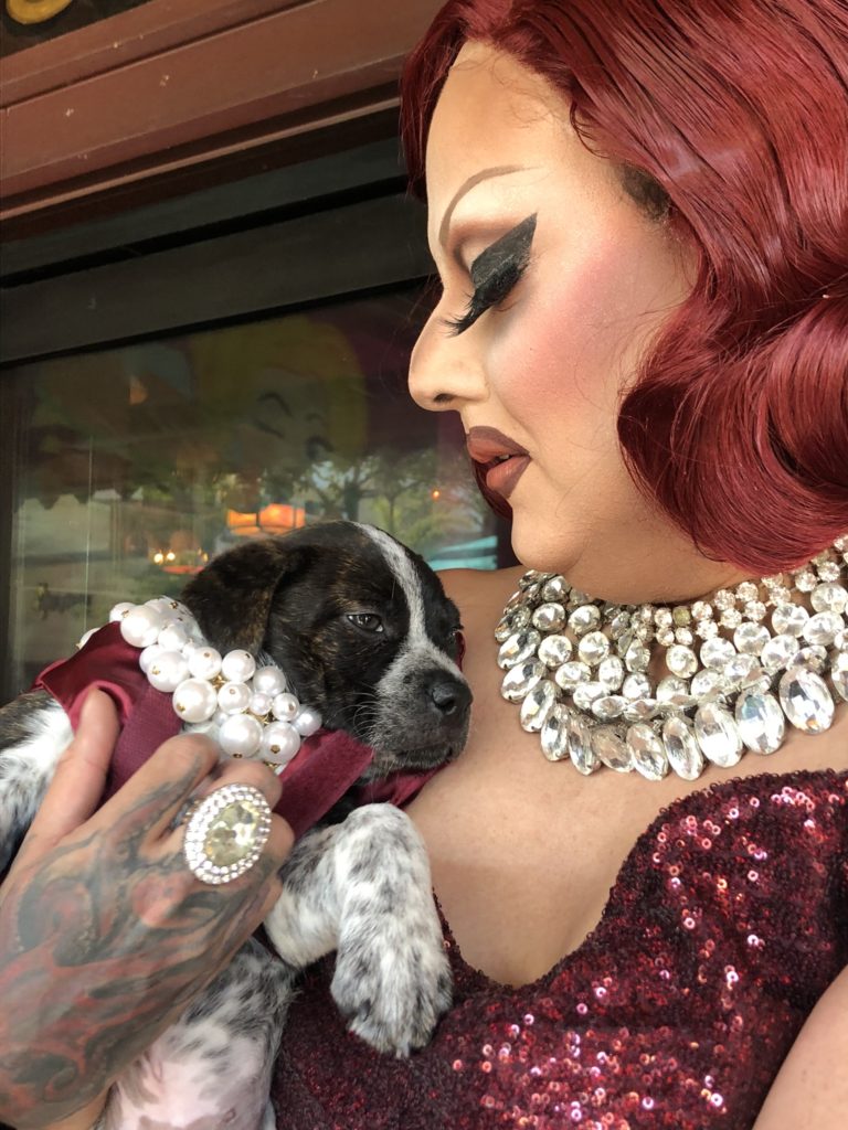 Drag performer with bright-red hair and an ornate silver necklacepearls holds an English-bulldog mix wearing pearls.