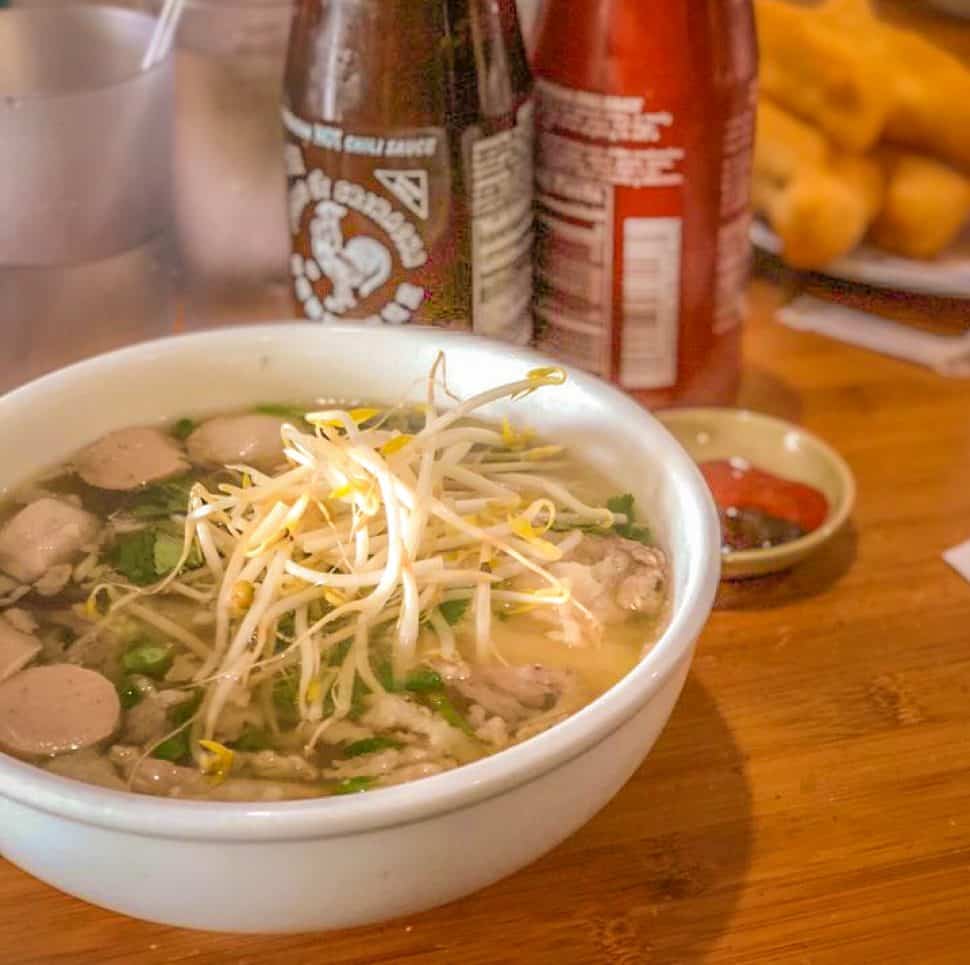 Phở Hông Phát's combo #10, Pho Tai Gan Xach with meatballs added. Photo by Brian Addison.