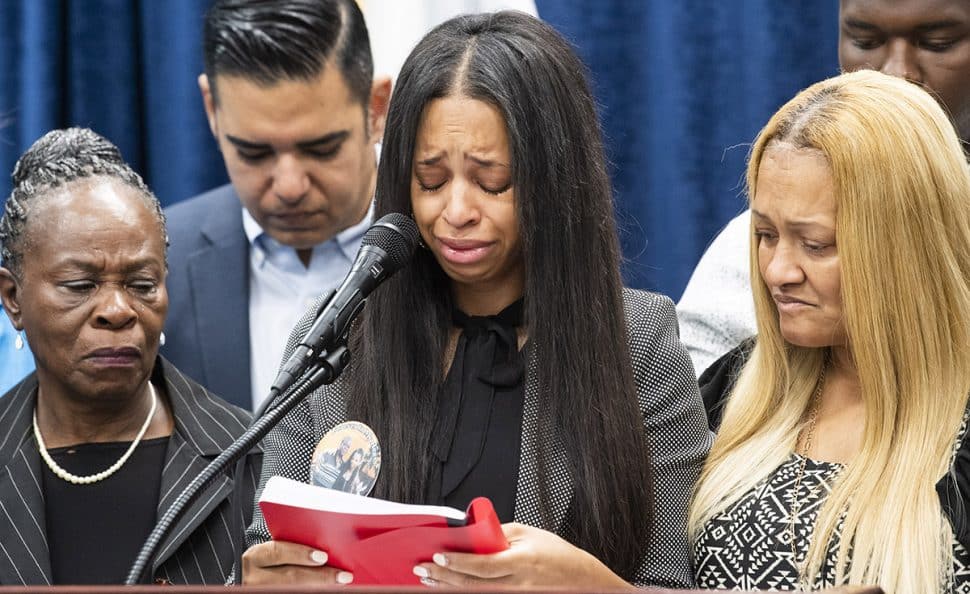Corie Taft, daughter of Fred Taft, reads her statement as the Long Beach Police Department held a news conference to request the public’s help and announce the anticipation of a reward being issued in his killing at Pan American Park in Long Beach, Sept. 4, 2018. Photo by Thomas R Cordova.