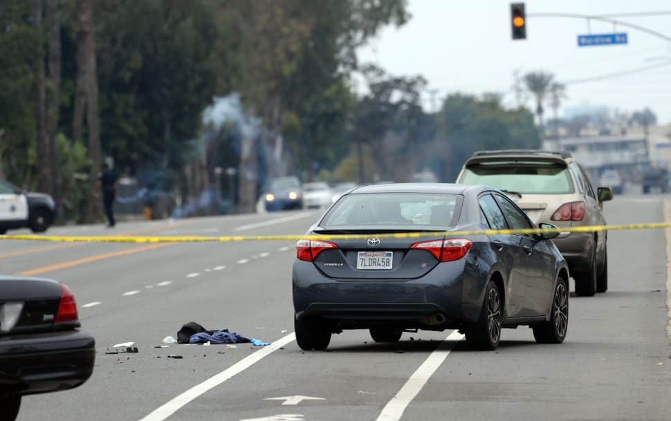 Long Beach Police at the scene of a fatal accident, involving a bicyclist and a car, at the corner of Los Coyotes Diagonal and Palos Verdes Avenue, Wednesday January 30th, 2019. Photo by Stephen Carr / For the Long Beach Post