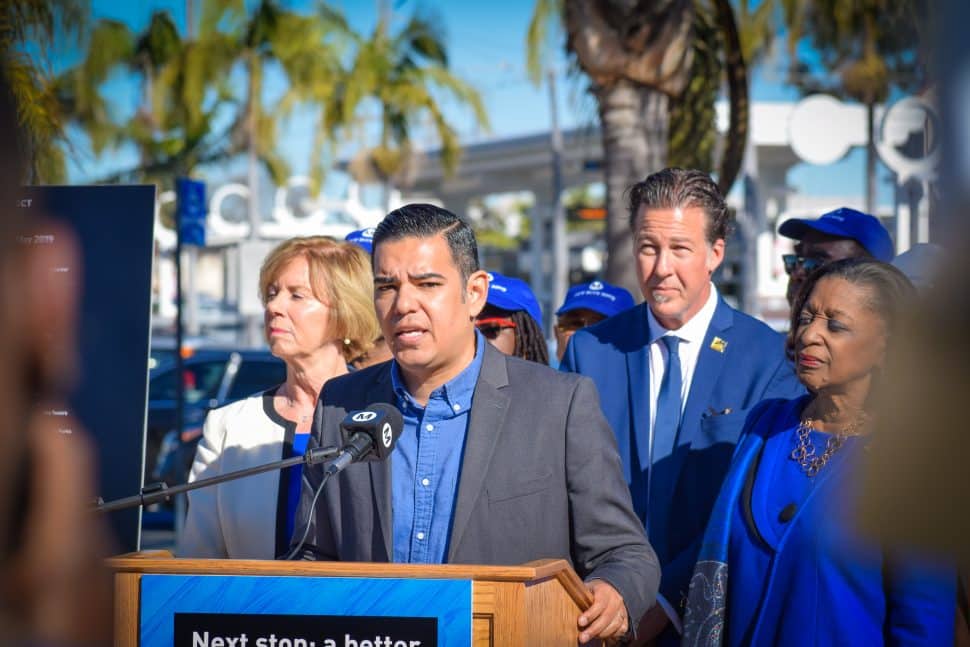 Long Beach Mayor Robert Garcia [front center] is joined by Supervisor Janice Hahn [left], Metro Executive Officer for Capital Projects Tim Lindholm [back center], and Metro Board Director Jacquelyn Dupont-Walker at a press conference near the Blue Line's Willow station on Jan. 22, 2019. Photo by Brian Addison.