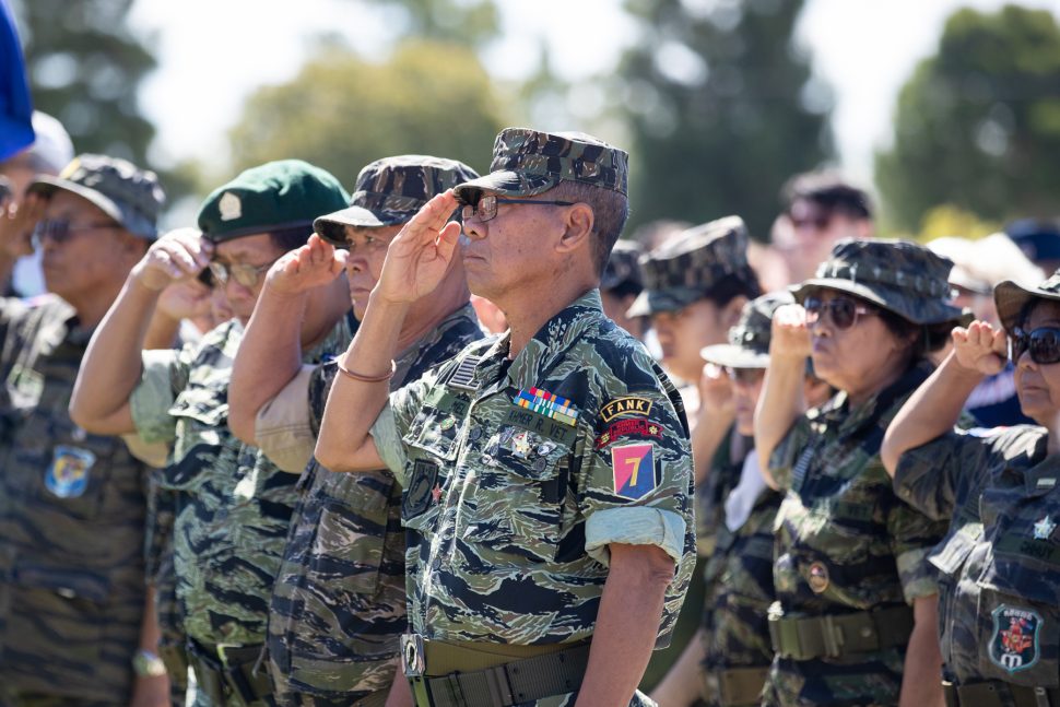 Vets salute during the Posting the Colors at the Forest Lawn Memorial Day event in Long Beach Monday, May 27, 2019. Photo by Kelly Smiley