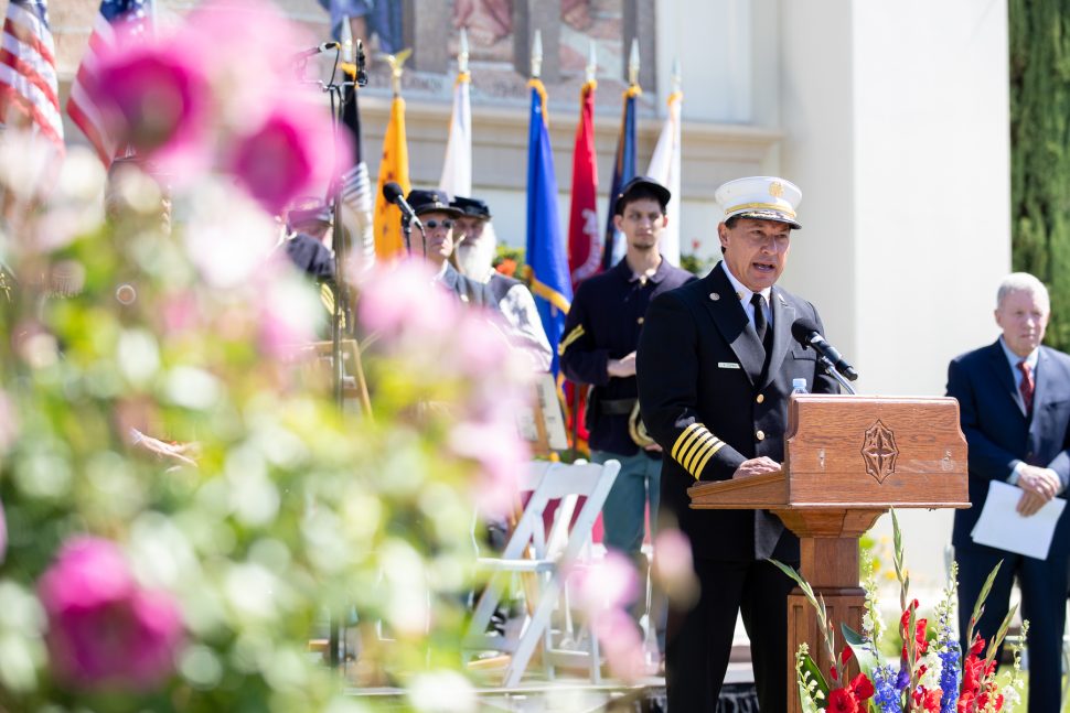 Caption John Howard, U.S. Air Force speaks at the Forest Lawn Memorial Day event in Long Beach Monday, May 27, 2019. Photo by Kelly Smiley